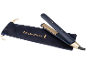 Dark blue hair straightener with gold accents and a matching pouch.