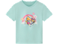 Mint green short-sleeved children's t-shirt, with a flying puppy over a rainbow print.