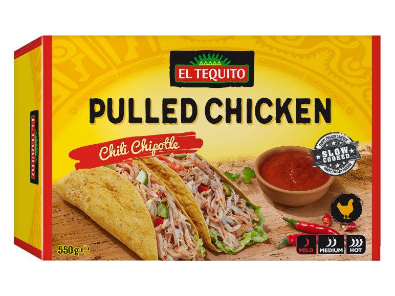Pulled chicken chili chipotle box, with tacos and sauce, indicating spiciness.
