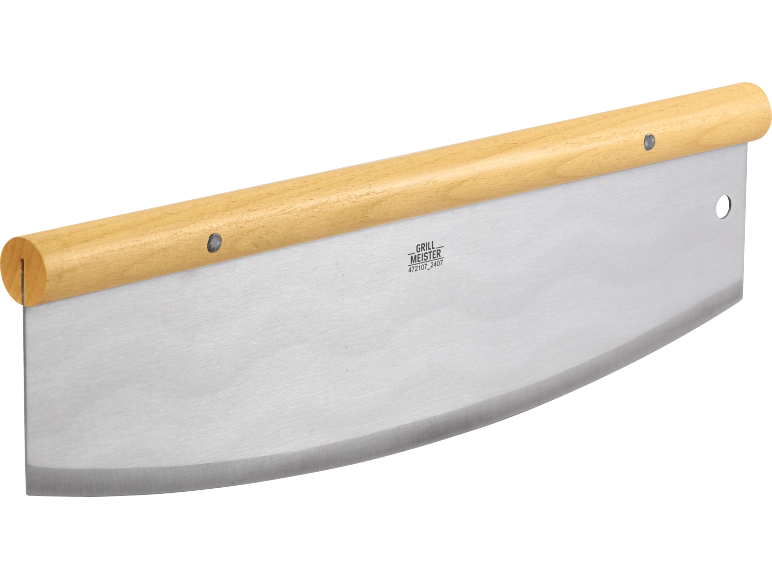 Pizza cutter with a wooden handle and a curved stainless steel blade.