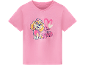 Pink short-sleeved T-shirt with a puppy drawing and the text 'One of a kind'.