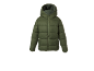 Green padded jacket with a hood and front zipper