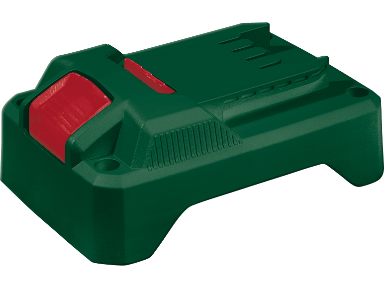 Green rechargeable battery with red button for power tools.