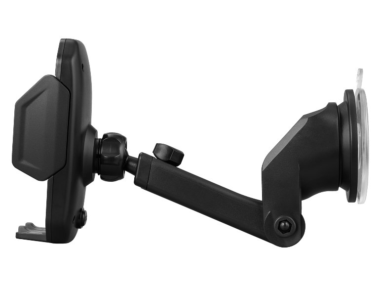 Black car phone holder with a suction cup and adjustable arm.