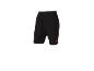 Black sports shorts with an elastic waistband and a small orange logo.