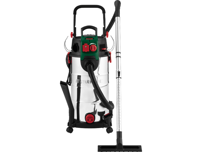 Wet and dry vacuum cleaner with stainless steel tank and accessories.