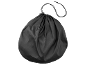 Black drawstring bag with adjustable closure, against a black background.
