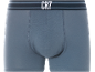 Grey cotton boxer briefs with dark elastic waistband and white text.