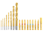 Set of golden drill bits and screwdriver bits in various sizes.