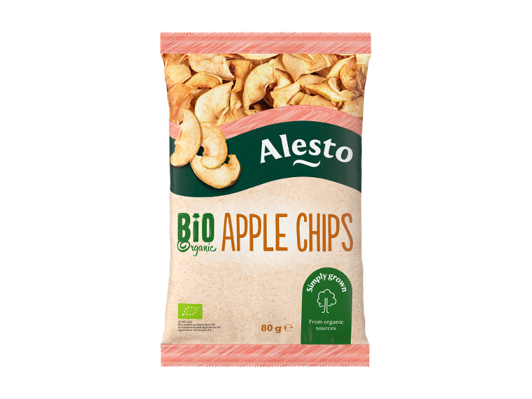 Packet of organic apple chips, 80g, from organic sources.