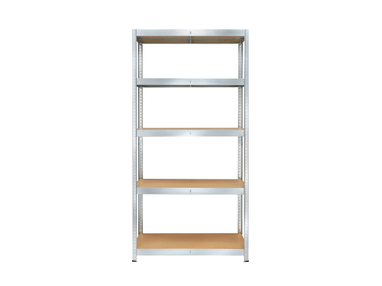 Metal shelving unit with five wooden shelves on a black background.