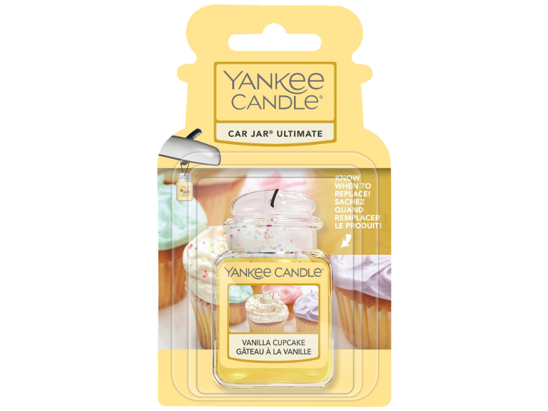 Car air freshener in vanilla cupcake scent, with a small jar design.