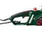 Green electric chainsaw with a black handle and red buttons.