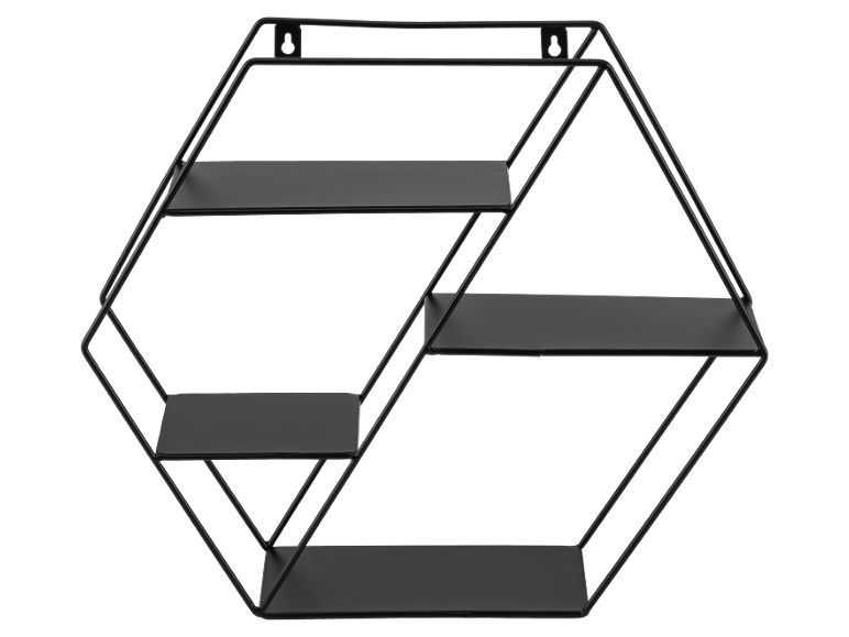 Black hexagonal wall shelf with four compartments.