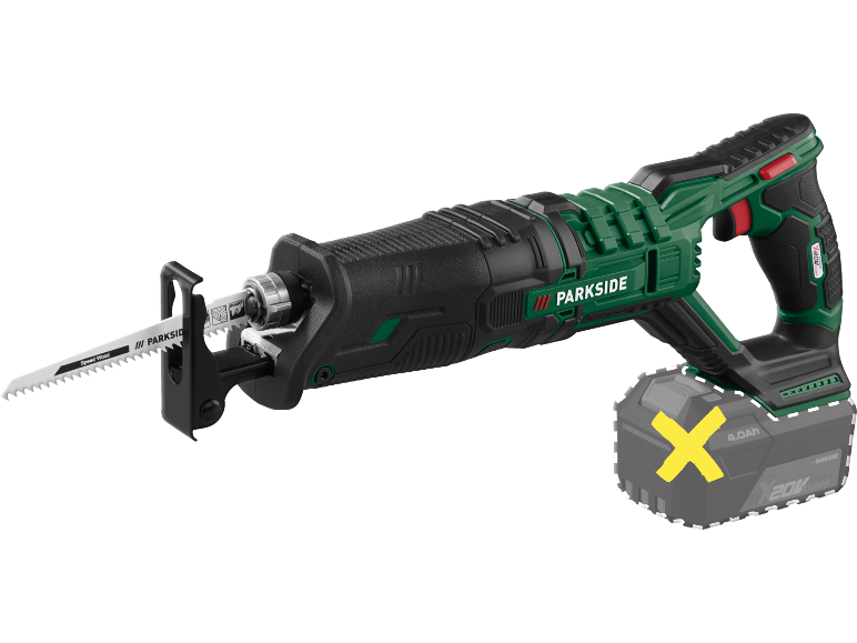 Green and black cordless reciprocating saw with a wood blade, without battery.