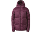 Maroon puffer jacket with a hood and a front zipper.