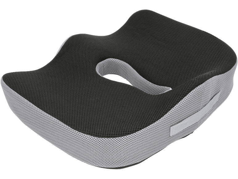 Black and grey ergonomic seat cushion with breathable mesh design.
