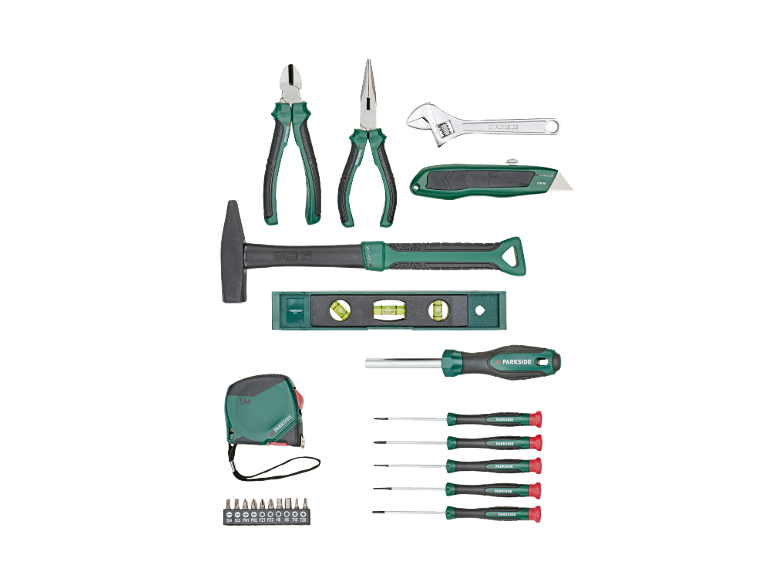 Assortment of hand tools including hammer, pliers, screwdrivers, and tape measure.