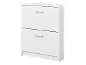 White shoe cabinet with two drawers and silver handles.
