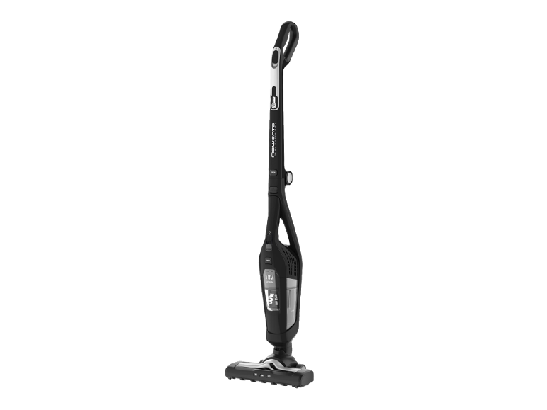 Black cordless stick vacuum cleaner with silver accents and '18V LITHIUM NO BAG' text.
