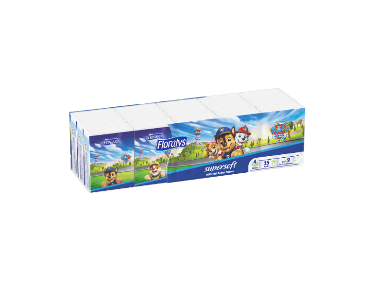 Pack of pocket tissues with Paw Patrol theme, 4 layers, 15 packs, 9 tissues each.