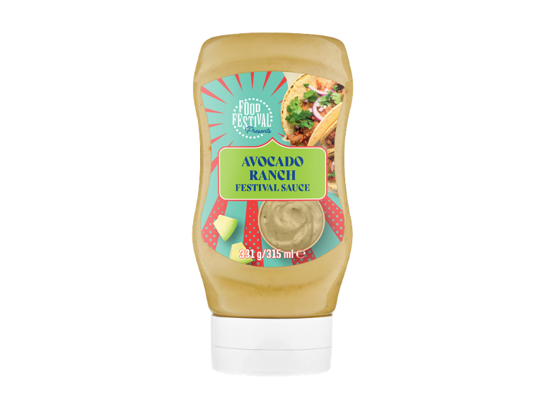 Avocado ranch sauce bottle with tacos and avocado on the label.