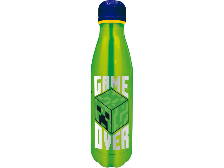 Green water bottle with a blue cap, featuring a pixelated cube design and 'GAME OVER' text.