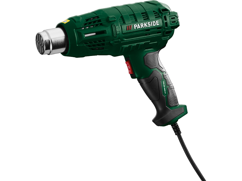 Green heat gun with a logo and a red switch.