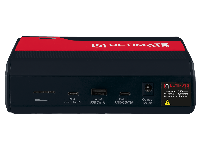 Black and red portable jump starter with various USB inputs and outputs, and power specifications.