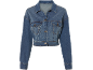 Women's blue denim jacket with chest pockets and buttons