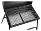 Foldable charcoal grill with chrome-plated cooking grate and perforated charcoal trays.