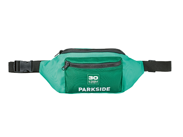 Green fanny pack with two zippered compartments and a '30 YEARS' logo.