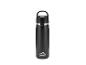 Black thermos with a handle and a silver logo on a white background.