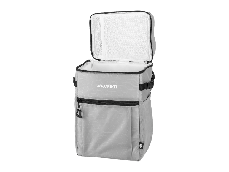 Open gray cooler bag with hexagonal pattern and zippered front pocket.