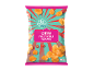 Packet of sweet chili flavour chips with scattered chips and red chili peppers.