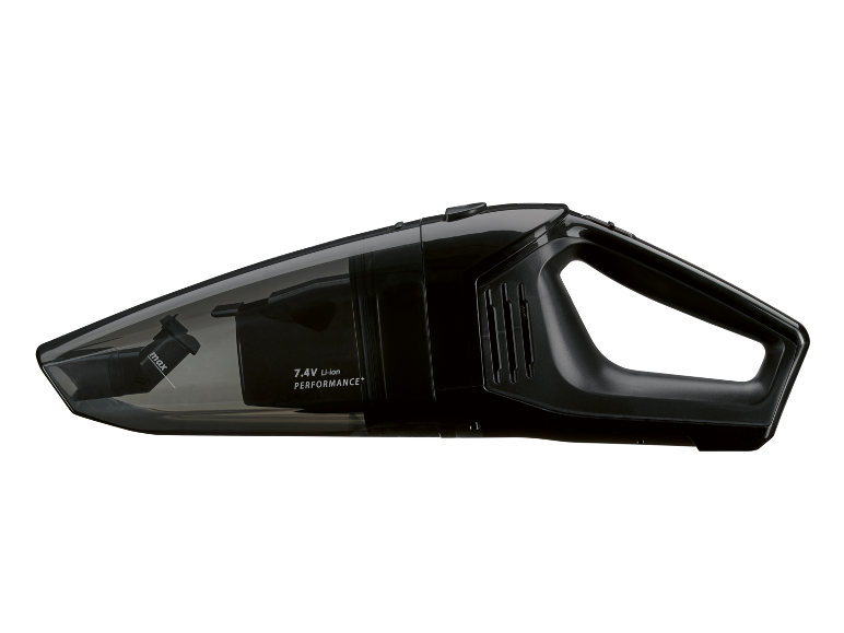 Black handheld vacuum cleaner with '7.4V Li-ion PERFORMANCE+' and 'max' marking.