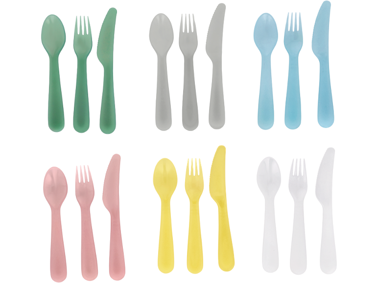 Colorful plastic cutlery sets in green, grey, blue, pink, yellow, and white.