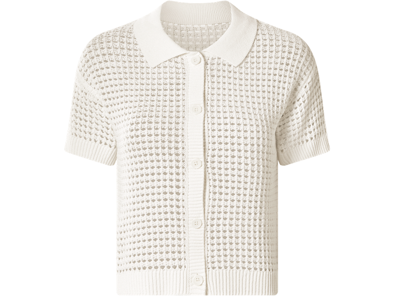 White short-sleeved open-knit cardigan with a polo collar.