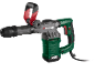 Green and grey demolition hammer with a red auxiliary handle and a black power cord.