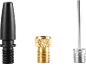 Set of three pump adapters: black plastic, brass, and silver needle for inflation.