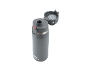 Grey insulated bottle with open flip lid and red lock button.