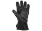 Black work glove with white stitching, leather palm, and adjustable cuff.
