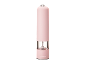 Pink electric salt or pepper grinder with a transparent base.