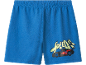 Blue children's shorts with a race car print and the word 'SPEED'
