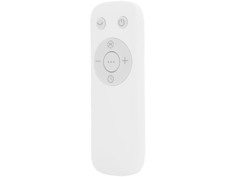 White remote control with power, mode, timer, and speed control buttons.