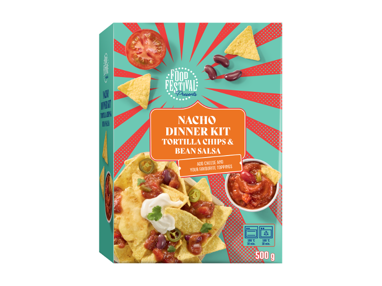 Nacho dinner kit with tortilla chips and bean salsa, ready to bake.