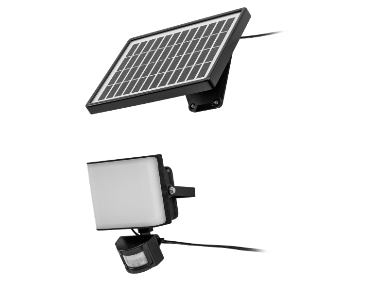 Solar panel and floodlight with motion sensor.