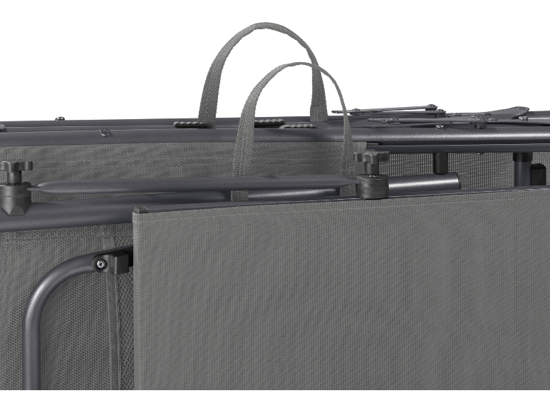 Grey foldable camping bed with carry handles.