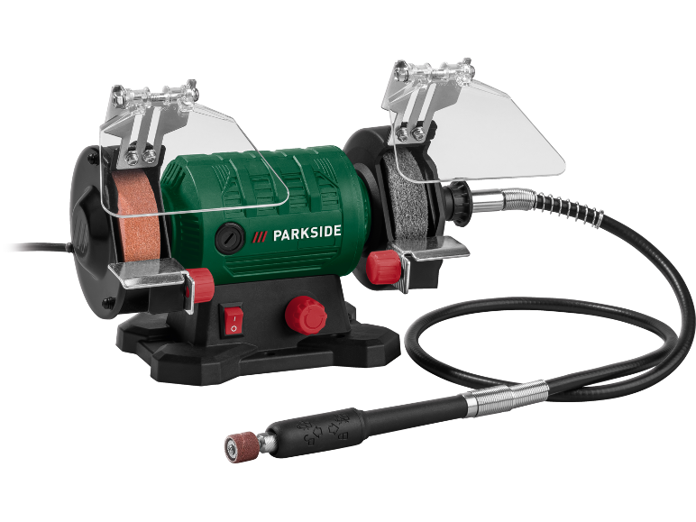 Bench grinder with flexible shaft and protective covers.