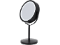 Black round cosmetic mirror with LED lighting and stand base